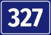 Sticker with number 327 in white on a dark blue background, featuring a graphic design.