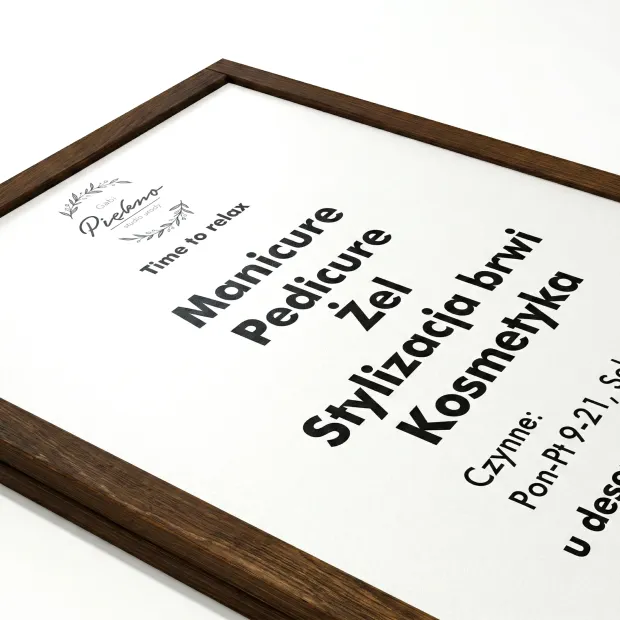 Chalkboard A-frame sign with custom print - graphic design. Black text on white background. Wooden frame.