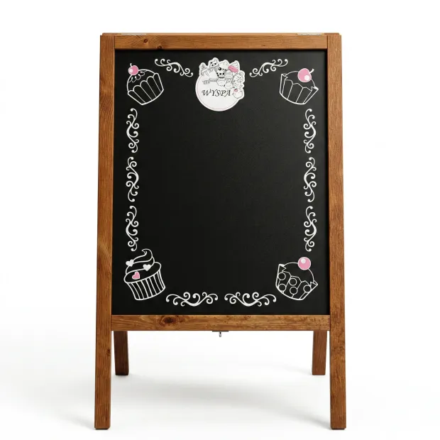 Chalkboard A-frame sign with custom print - Graphic design featuring white cupcake drawings on a black background.