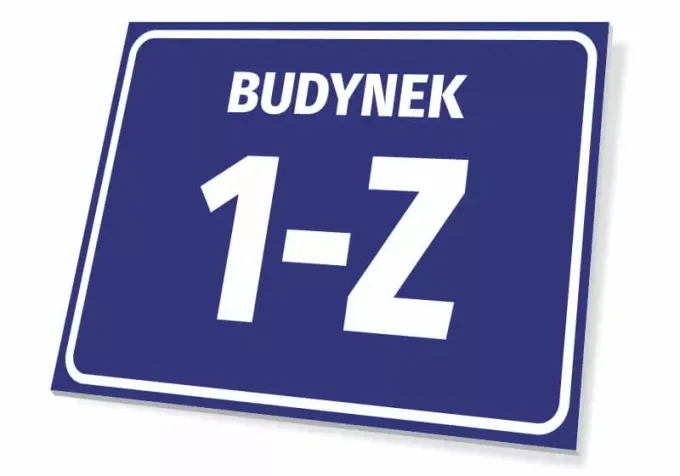 Building sign with number and letter - Graphic design. Simple blue rectangle with white text.