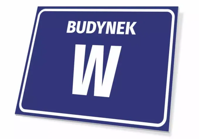 Building plaque with number and letter - graphic design. Rectangular plaque with blue background and white text.