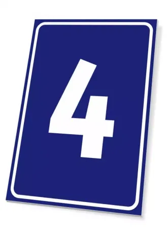 Number plaque - Graphic design. A large white number 4 on a blue background.