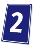 Number plaque - Graphic design. Simple plaque with a large number 2 on a blue background. White frame around it.
