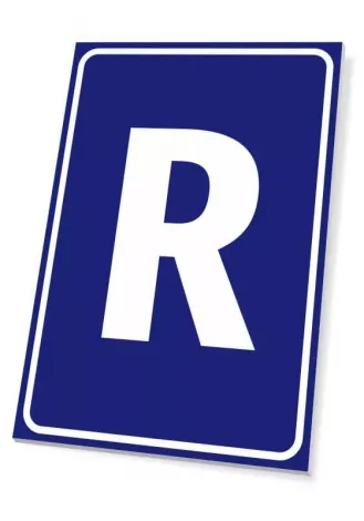 Letter plaque - Graphic design. Blue background with a large white letter R in the center.