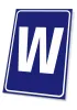 Letter plaque - Graphic design. Simple shape of the letter W on a blue background with a white border.