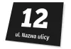 Building plaque with street name and number - Graphic design. Black background with white numbers and text.