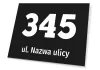 Building plaque with street name and number - Black rectangle with white digits and text.