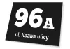 Building plaque with street name and number - Graphic design. Black rectangle with white numbers and text.