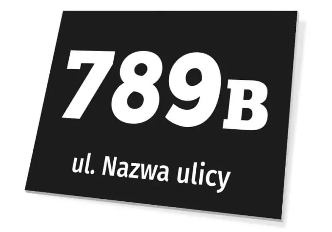 Building plaque with street name and number - Graphic design. Black background with white numbers and text.