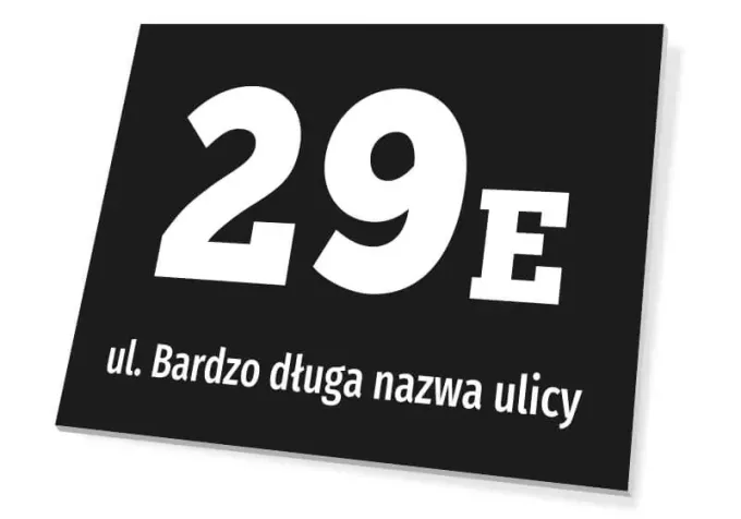 Building plaque with street name and number - Graphic design. Black background with white numbers and text.