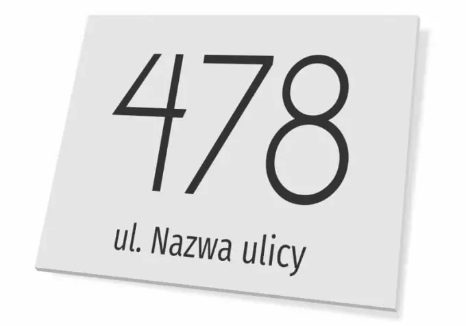 House address plaque - Graphic design. Simple shape with large numbers and text on a light background.