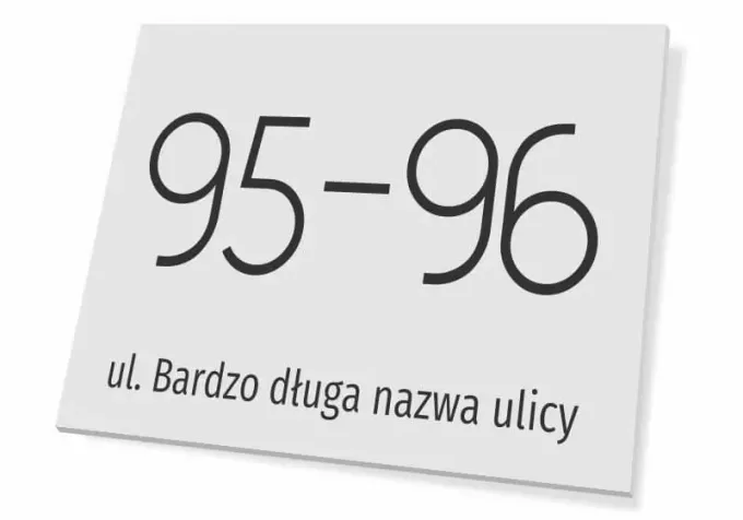 House address plaque - Graphic design. Simple form with large numbers and text on a light background.