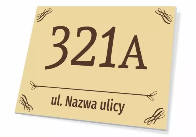 House plaque T665 with number and street - Graphic design. Simple style with large digits and text on a light background.
