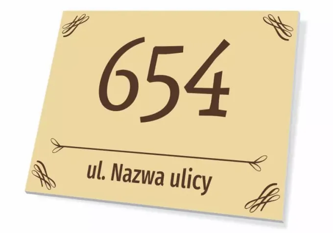 House plaque T665 with number and street - Graphic design. Rectangular plaque with large number and text on a light background.