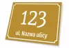 House number plaque with street name - Rectangular design featuring large numbers and text on a gold background.