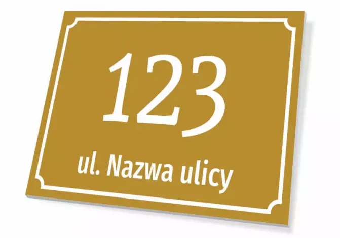 House number plaque with street name - Rectangular design featuring large numbers and text on a gold background.