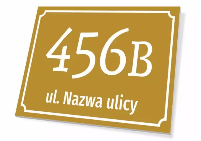 House number sign, street - Graphic design. Rectangular sign with large white numbers on a gold background.