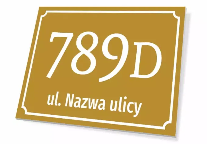 House number plaque, street - Graphic design. Rectangular plaque with number 789D and text St. Street Name.