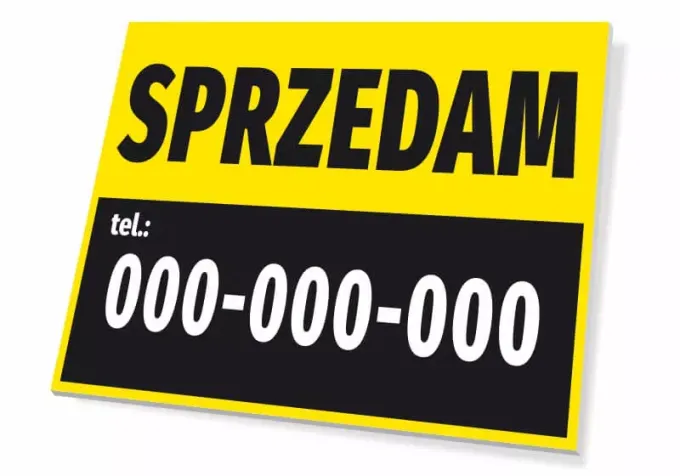 For sale sign with phone number - Rectangular design with yellow background, black text, and white accents.