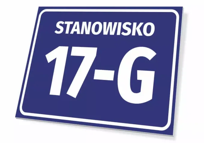 Position plaque with number and letter - Graphic design. Rectangular plaque with blue background and white text.