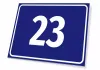 Blue rectangular plaque with graphic design and white number 23.