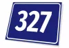 Number plaque - Graphic design. Simple rectangular shape in navy blue with white numbers 327.