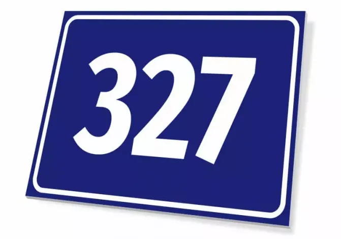 Number plaque - Graphic design. Simple rectangular shape in navy blue with white numbers 327.