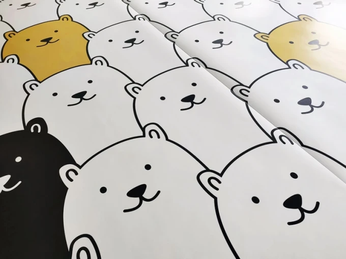 Custom latex wallpaper, bear pattern 045, size 170 x 244 cm - Graphic design featuring bears on a white background.