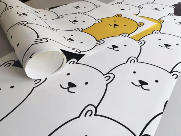 Custom latex wallpaper, bear pattern 045, size 170 x 244 cm - Graphic design with white bears and black accents.