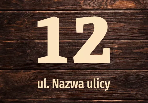 House sticker N671 with number and street - Graphic design. Large, clear number 12 on a wooden plank background. Text below.