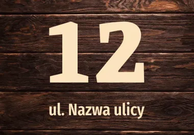 House sticker N671 with number and street - Graphic design. Large, clear number 12 on a wooden plank background. Text below.
