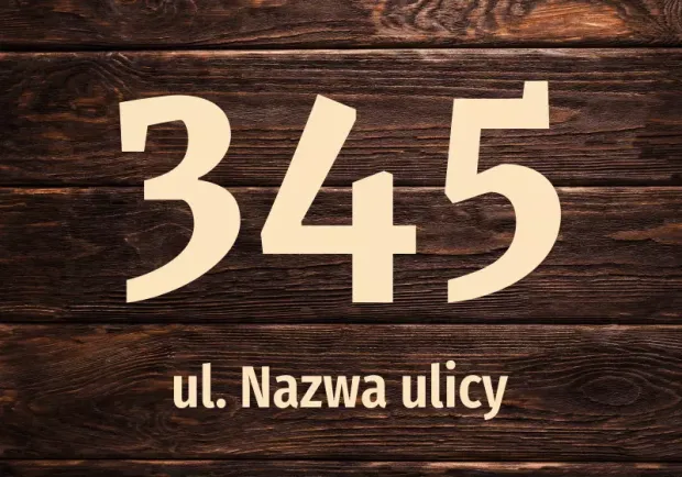 House sticker N671 with number and street - Graphic design. Large digits on a wooden plank background.