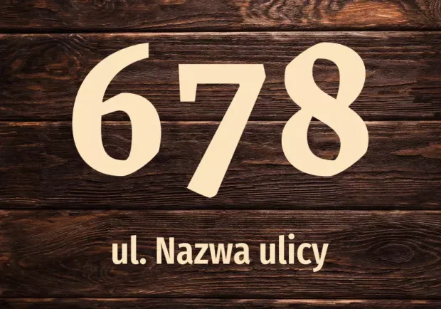 House sticker N671 with number and street - Graphic design. Large digits on a dark wood background, text below.