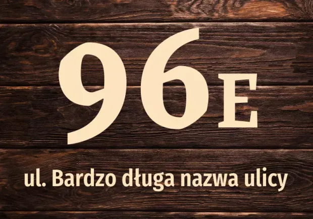 House sticker N671 with number and street - Graphic design. Large digit 96E on a wooden texture background, name below.