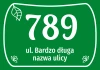 House number sticker, street - Graphic design. Green background with white numbers and text, decorated with leaves.