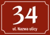 Property sticker with number and street - Graphic design. Red background with white numbers and text.