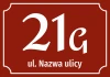 Property sticker with number and street - Graphic design. Red background with white numbers and text.