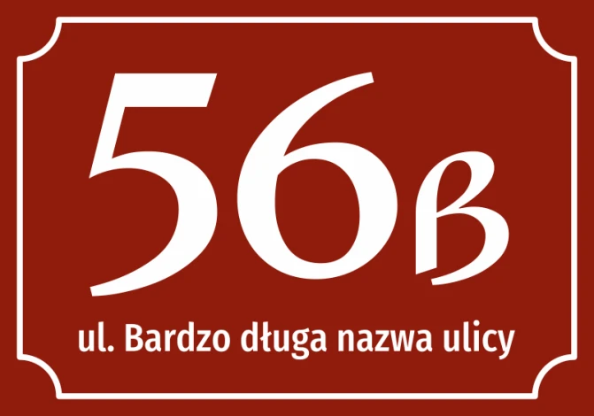 Property sticker with number and street - Graphic design. Large white text on a dark red background.