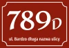 Property sticker with number and street - Graphic design. Red background with white numbers and text.