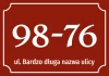 Property sticker with number and street - Graphic design. Red background with white numbers and text.