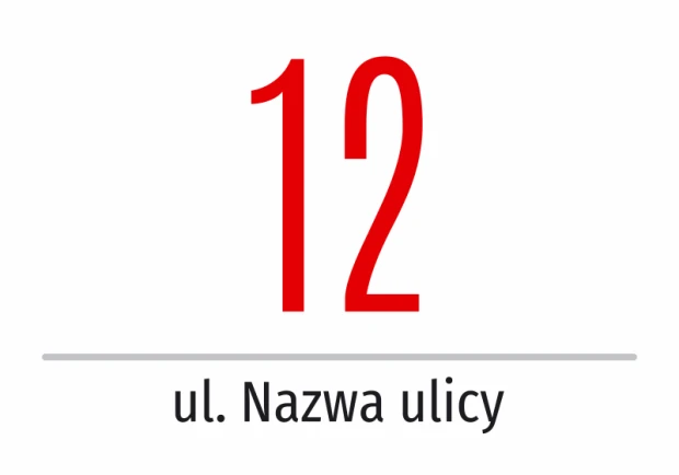 Building number sticker with street name - Graphic design. Large red number 12 above the street name.