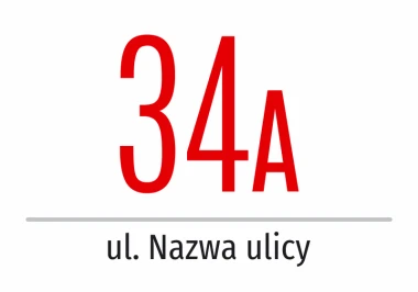 Building number sticker with street name - Graphic design. Large red number 34A above the text Street Name.