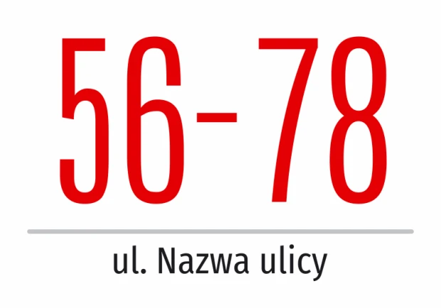 Building number sticker with street name - Large red digits on a white background.