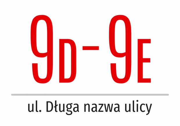 Building number sticker with street name - Graphic design. Large red numbers and letters on a white background.