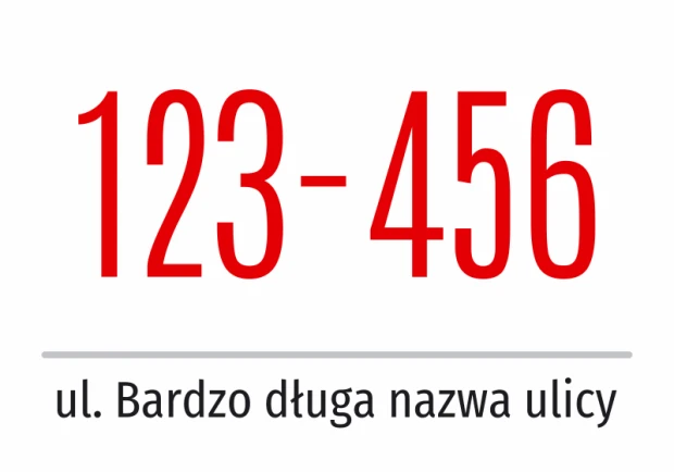 Building number sticker with street name - Graphic design. Large red digits on a white background.