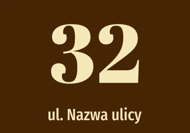 House number sticker with street name - Graphic design. Large digits in bright color on a dark background.