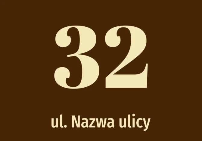 House number sticker with street name - Graphic design. Large digits in bright color on a dark background.