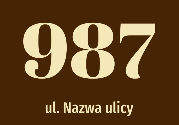 House number sticker with street name - Graphic design. Large digits in bright color on a dark background.