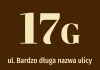 House number sticker with street name - Graphic design. Large number 17G on a brown background, street text in light color.