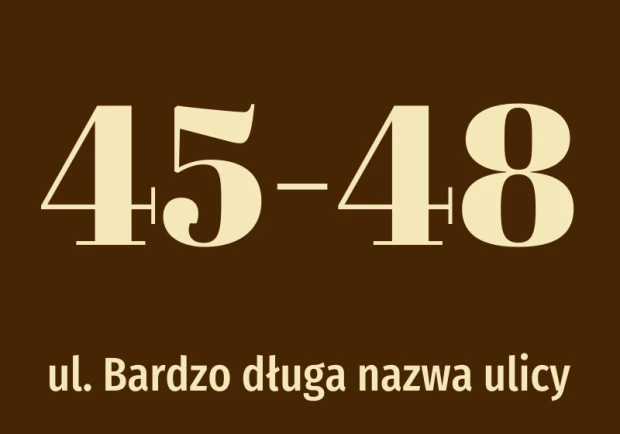 House number sticker with street name - Graphic design. Large digits on a dark background, with text below for the street name.
